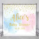 Pastel watercolor backdrop with gold text reading ’Alice’s Baby Shower 10.01.2023’’